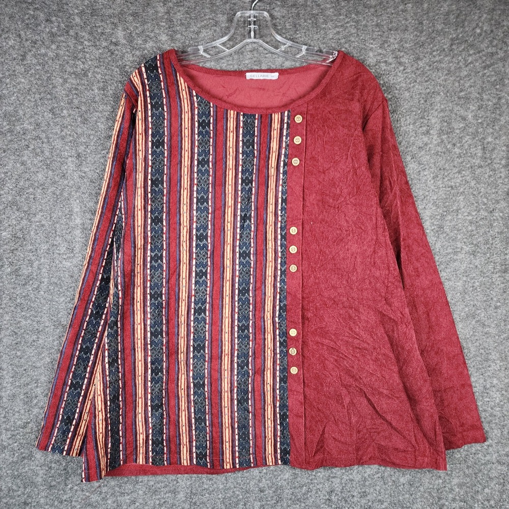 Cellabie Long Sleeve Top Womens 2XL Red Striped Mixed Media Button Detail